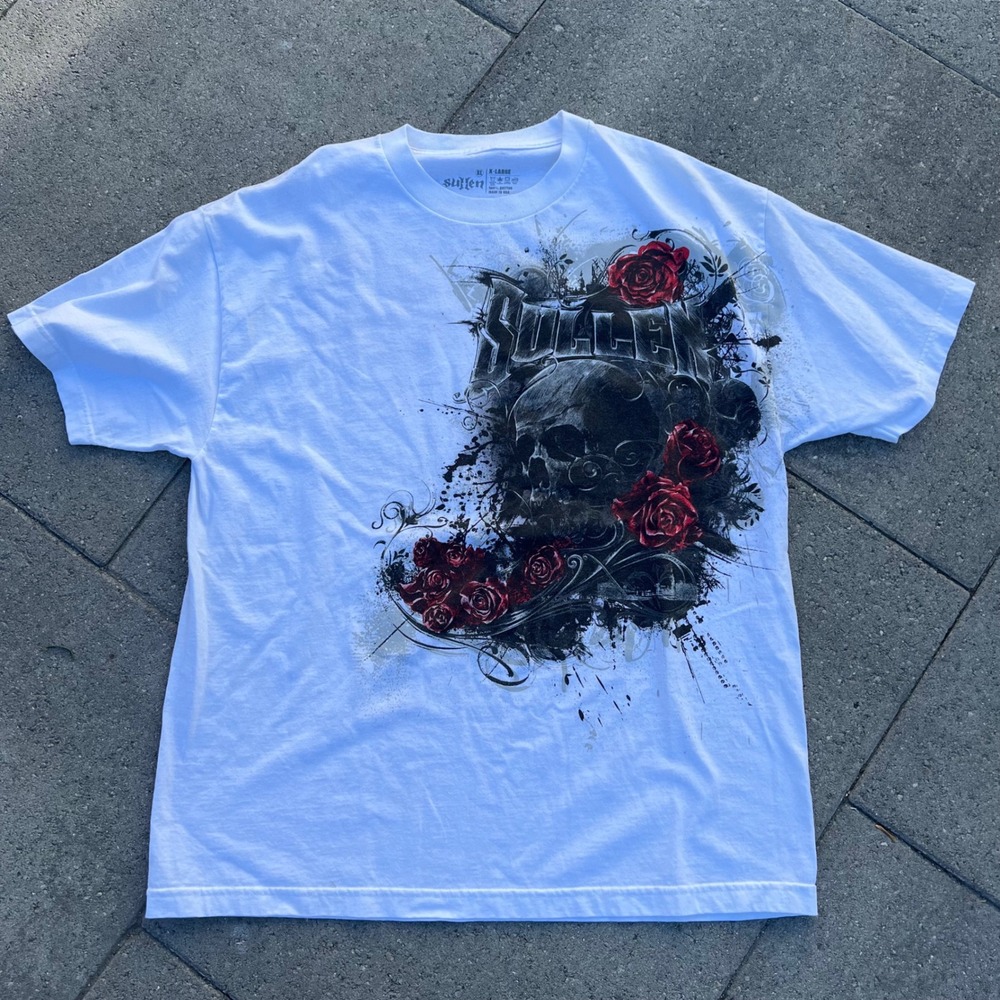 Sullen Art Collective Men White Skull Red Rose Graphic T-Shirt XL Made in USA
